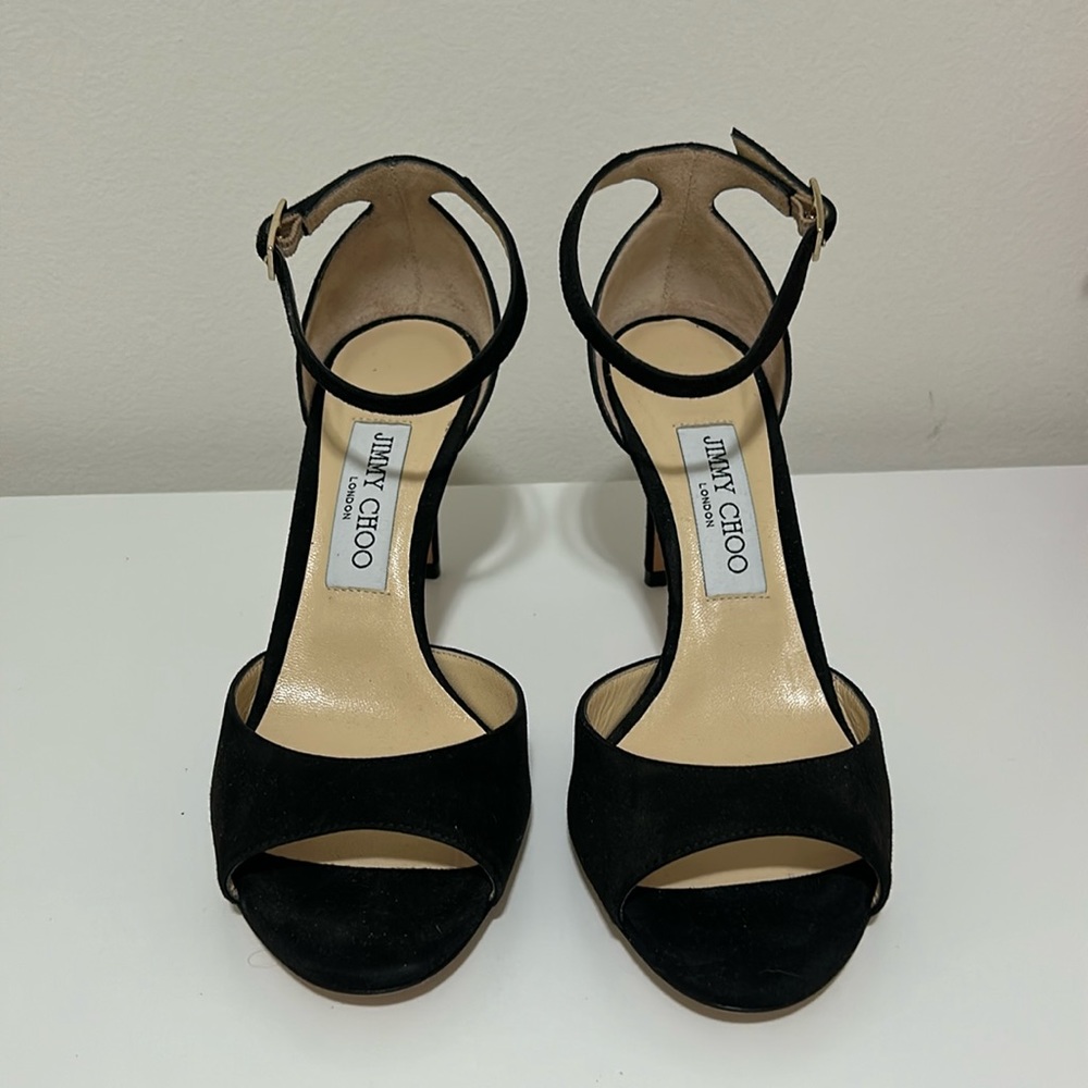 Jimmy Choo black suede open toe sandal, 37.5. New!! Never worn. NWOB
